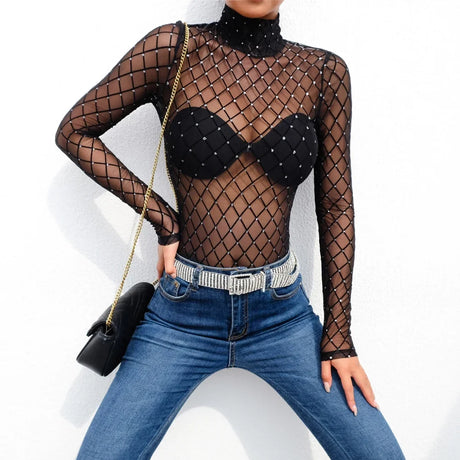 Crystal Fishnet Mesh Bodysuits Women Long Sleeve Bodycon Leotared Body Top Summer Fall Sexy Sheer Bodysuits Party Club