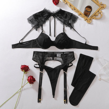 Exclusive Women's Lingerie Intimate Set Romantic Lace Capelet Bra Garter Thong 3PC Stockings Oriental Vintage Chic Girls' Outfit