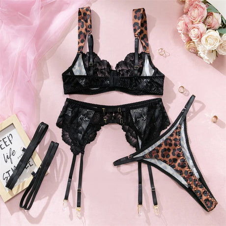 Women 4 Pieces Lingerie Set Black Lace Splicing Underwire Bra Garter Belt Strappy Thigh Strap Thong Wild&Sexy Intimate Underwear