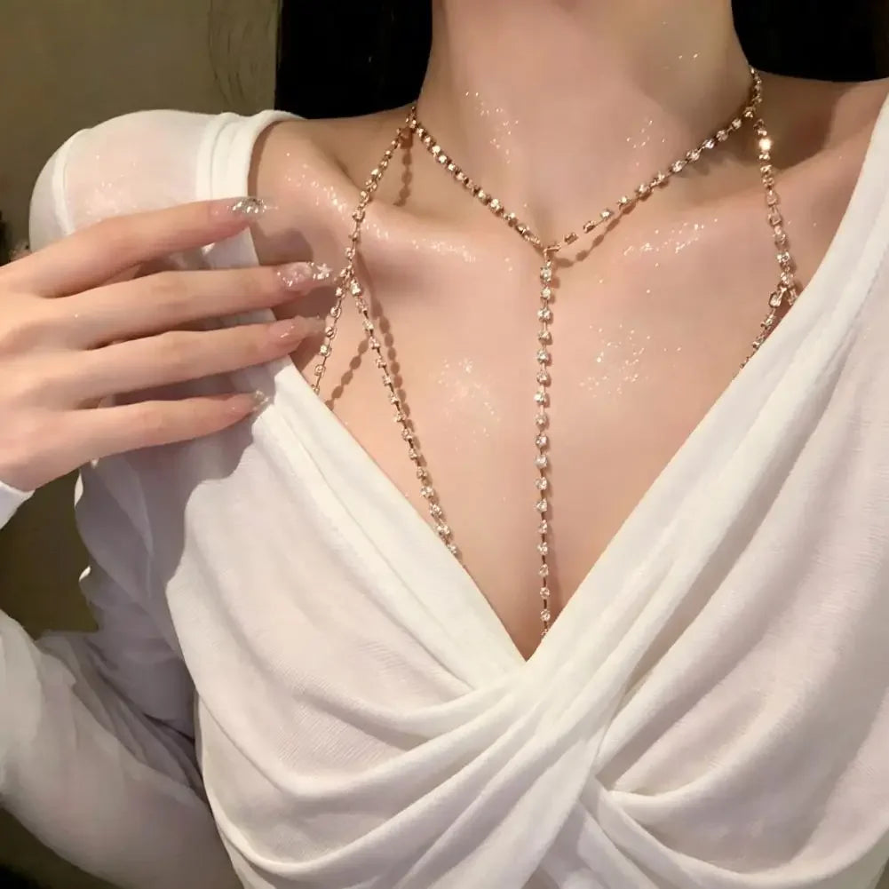 Luxury Square Zircon Chest Chain Multilayer Silver Metal Beads Body Chain Sexy Beach Bikini Jewelry Gift For Women