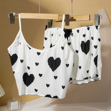 Heart Print Pajama Set Sleeveless Crop Top and Shorts Comfy Sleepwear Loungewear Nightwear Casual Soft T-Shirts Shorts