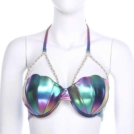 Women Shiny Bikini Bra Top Halter Neck Sheel Mermaid Swimwear Bead Chains Padded Bra Swim Tops Hawaii Beach Party Bathing Suit