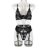 Luxury Floral Embroidery Lace Women's Lingerie Sets Seductive Jewel Strap Sheer Push Up Bra Panty Garter Belt 3PC Sexy Underwear
