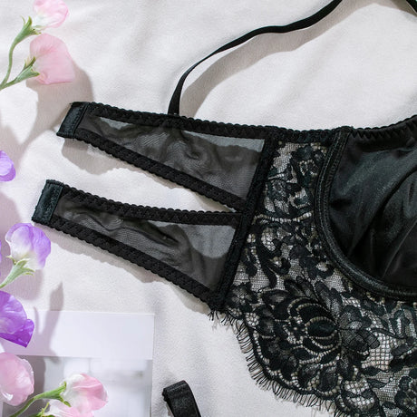 Krasapt French Black Eyelash Lace Sexy Lingerie Sets Sensual Transparent Hollowed Out 2Pcs Erotic Intimate Porn Costume Outfits