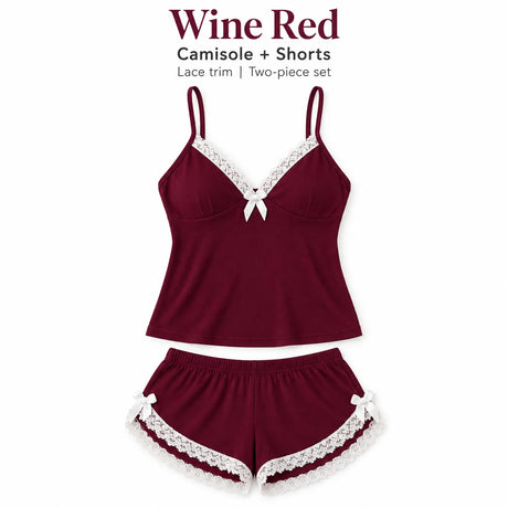 Women's Lace Trim Camisole Shorts Pajama Set, V Neck Bow Detail Sleeveless Two Piece Sleepwear in Solid and Printed Colors