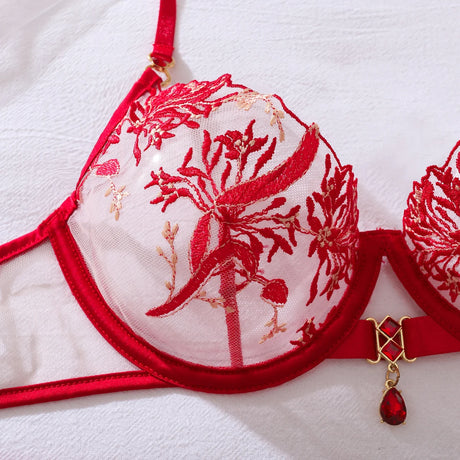 New gemstone accessory perspective floral embroidery shaping sexy lingerie split set with leg socks set