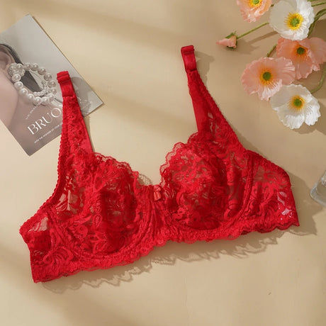 Plus Size Ultra-thin Lace Bras Women Sexy Exquisite Bras Non-padded Push Up Hollow Out Gathered Solid Underwear 34-40 B/C CUP