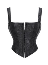 Floral Jacquard Wide Strap Corset Top Front Hook Back Lace Up Square Neck For Women