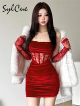 Sylcue Winter Bachelor Party Solid Color Velvet Tight Sexy Hot Mature Charm Women'S Fishbone Sling Dress With Lace Sleeve