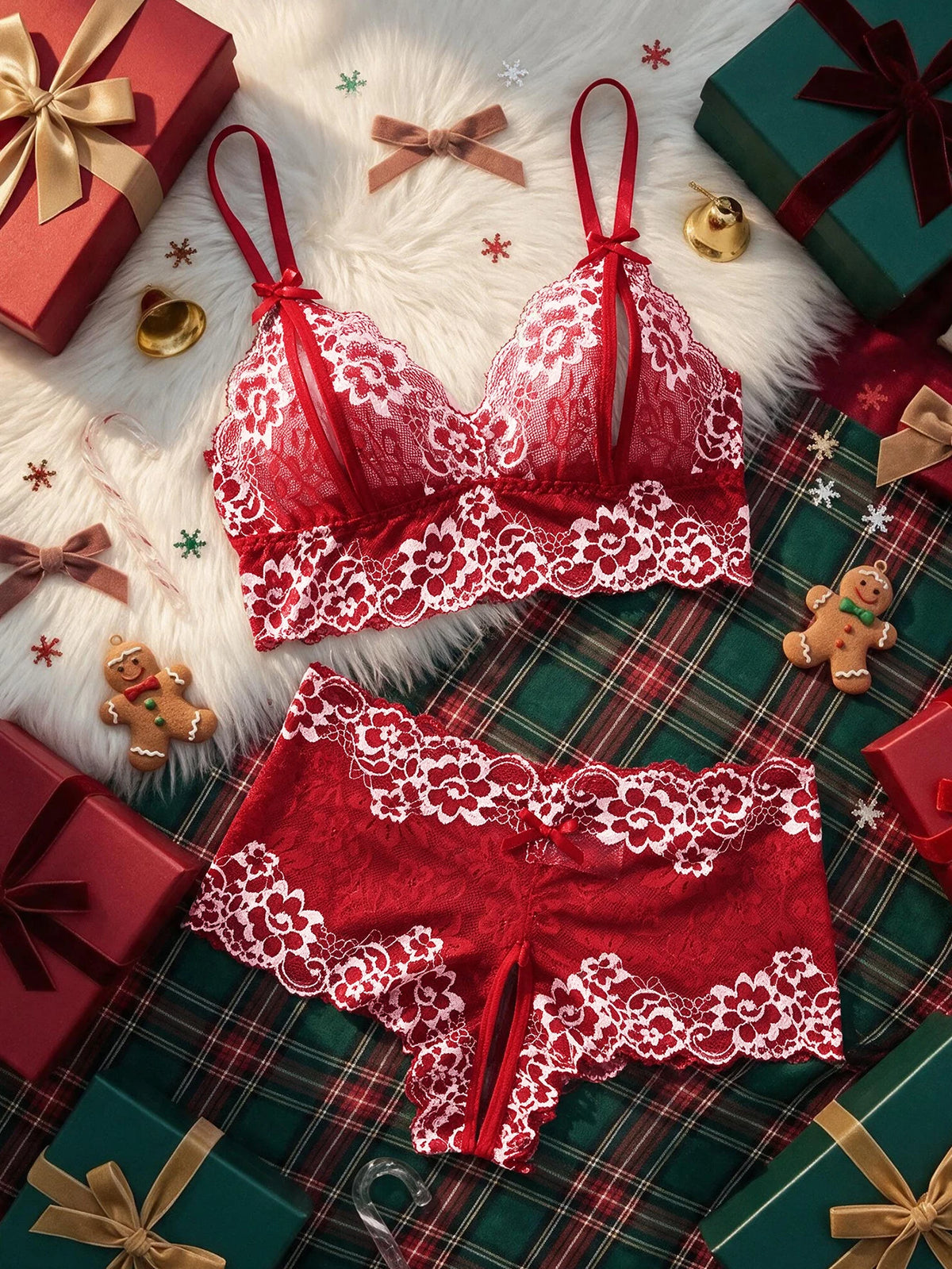 Women Sexy Christmas Lace Lingerie Set Contrast Color Hollow Deep V Bra Bowknot Easy Access Sheer Mesh Two Piece Night Outfit