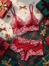 Women Sexy Christmas Lace Lingerie Set Contrast Color Hollow Deep V Bra Bowknot Easy Access Sheer Mesh Two Piece Night Outfit