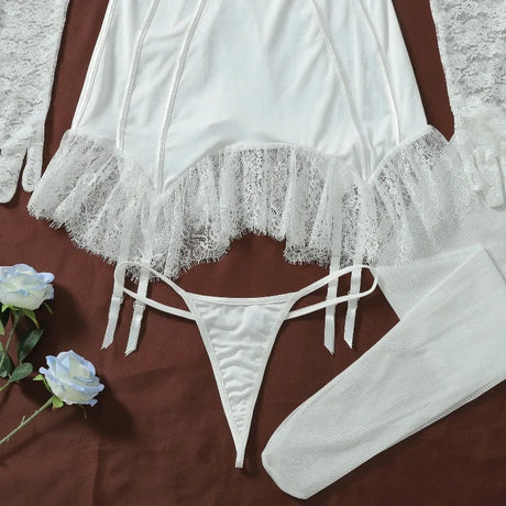 Women's White Corset Lingerie Set 4 Piece Underwire Dress Thong Panty Lace Gloves Stockings Sexy Nightwear Set Elegant Stretchy