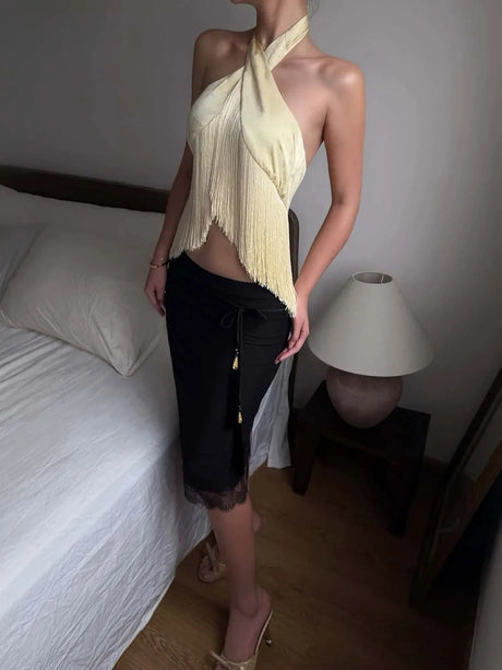 Women Satin Halter Top Asymmetrical Tassel Fringe Crop Top Backless Crisscross Neck Slim Fit Party Club Sleeveless Camisole