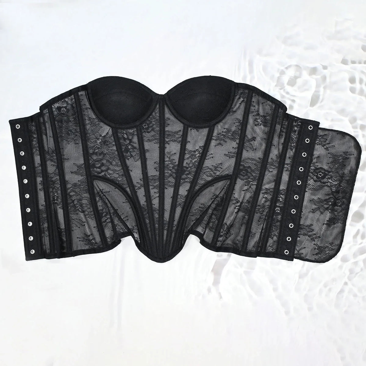 Women Mesh Corset Busiter Overbust Cups Push Breast Floral Lace Bodice Sext Tansparent Strapless Crop Tops Lace Up Steel Boned