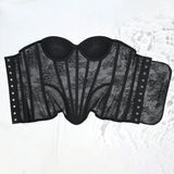 Women Mesh Corset Busiter Overbust Cups Push Breast Floral Lace Bodice Sext Tansparent Strapless Crop Tops Lace Up Steel Boned