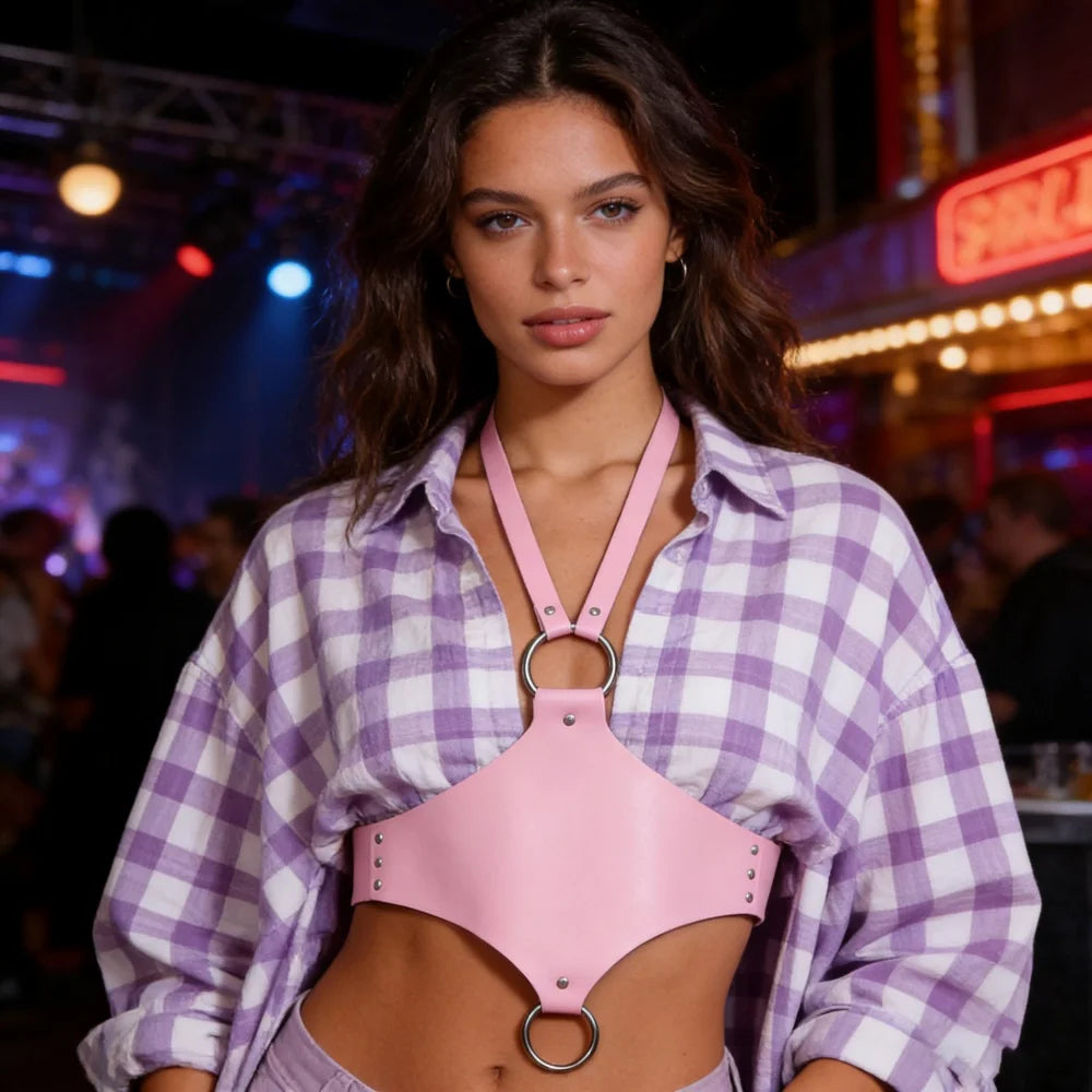 Women's Edgy Pink Faux Leather Harness Belt - Metal O-Ring Decor - Minimalist Fashion Waist Accessory for Stylish Outfits