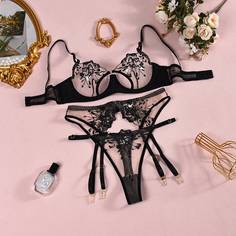 Women Floral Embroidered 3Pcs Lingerie Set Underwire Open Cup Bra Garter Belt Thong Sheer Mesh Sexy Adjustable Nightwear