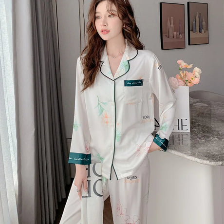 Satin Silk Pajamas for Women's Set pyjamas Button Pigiama Donna pjs Winter Mujer Pijama Sleepwear Nightwear woman 2 piece set