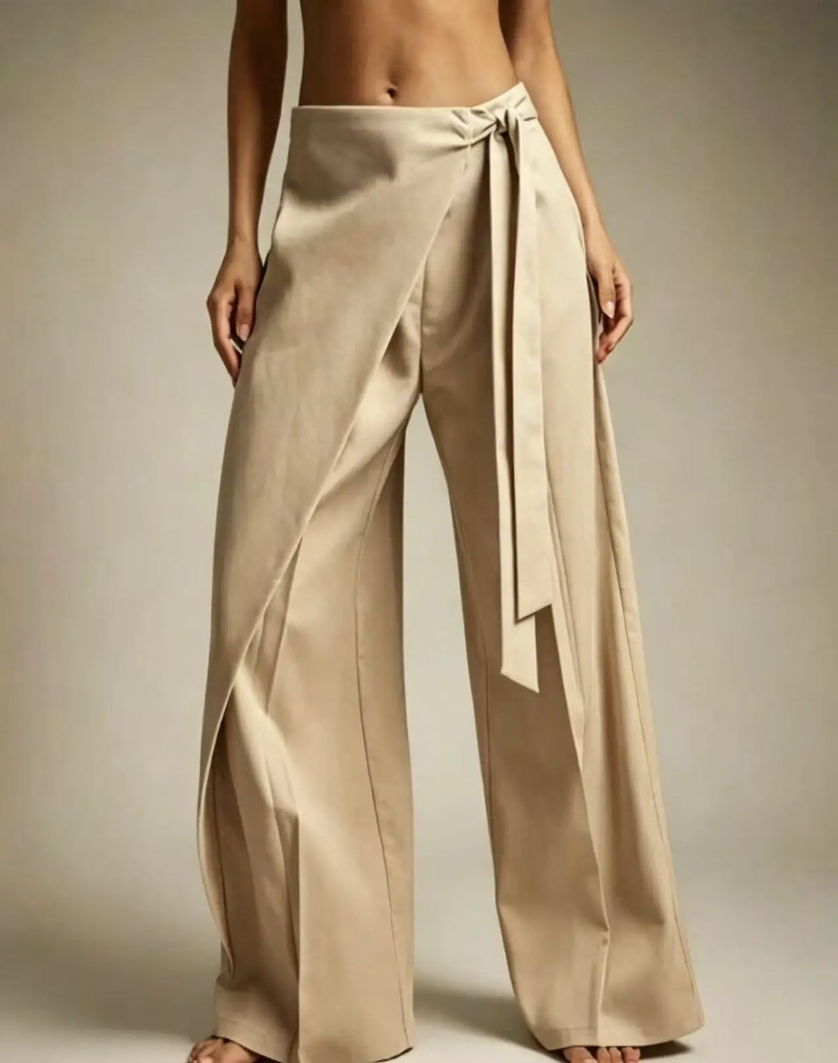 Women High Waist Wide Leg Pants Loose Wrap Tie Knot Asymmetric Pleated Trousers Beach Casual Bottoms