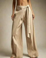 Women High Waist Wide Leg Pants Loose Wrap Tie Knot Asymmetric Pleated Trousers Beach Casual Bottoms