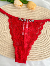 Custom Rhinestone Letter Name Text Sexy Lace Thong Panties Low Rise G-string Personalized Gift Wife Lover Anniversary Festival