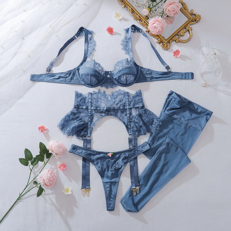 Diccvicc Coquette Slate Blue Lingerie Set 4 Piece Eyelash Lace Satin Bra Peplum Ruffle Garter with Rosebud Thong Women Nightwear