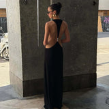 Typhaland Backless Sexy Halter Long Eevning Party Drss Female V Neck Streetwear Dress Hit Girl Slim Female Black Maxi Dress Lady