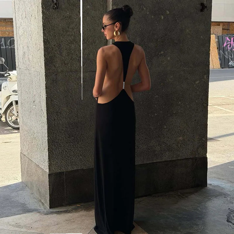 Typhaland Backless Sexy Halter Long Eevning Party Drss Female V Neck Streetwear Dress Hit Girl Slim Female Black Maxi Dress Lady