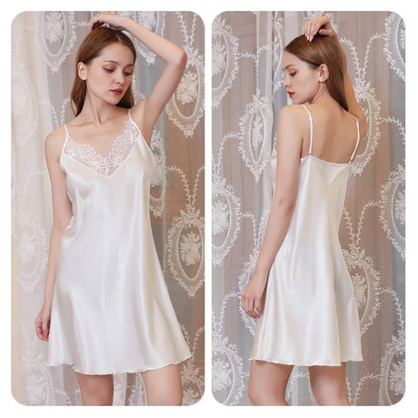 Women's Sleepwear Solid Short Satin Nightgown Mini Slip Chemise Nightwear Sexy Woman Nightie With Lace Trim