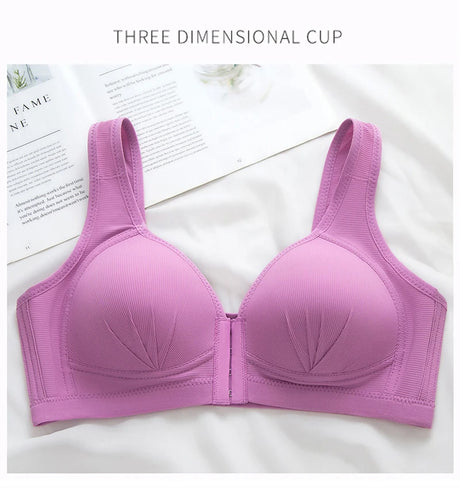 Women's Bra Wire-Free Front Closure Solid Color Full Coverage Fixed Cups Push up Brassiere Gather Bra Shockproof Underwear