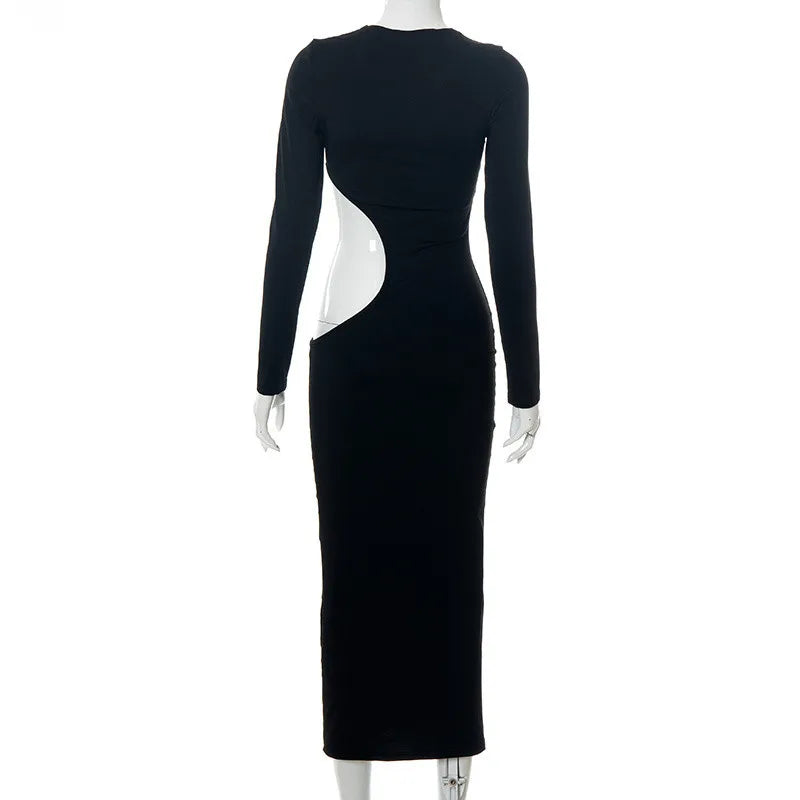 2025 Women's Solid Color Long Sleeve O-Neck Sexy Hollow Out Long Dresses Club Party Dress Sexy Vestidos Plus Size XXXS-3XL XXL