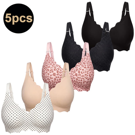 Bras for Women No Underwire Scalloped Wireless Push Up Bra Seamless Full Coverage Supportive Plus Size Tshirt Bra, Soft Breathable Comfortable Bralette, Leopard & Polka Dot Print Ice Silk Bra