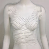 New Sexy Mesh Crop Tops for Women Summer Rhinestones Fashion Party Club See Through Fishnet Tank Hollow Out Backless Top