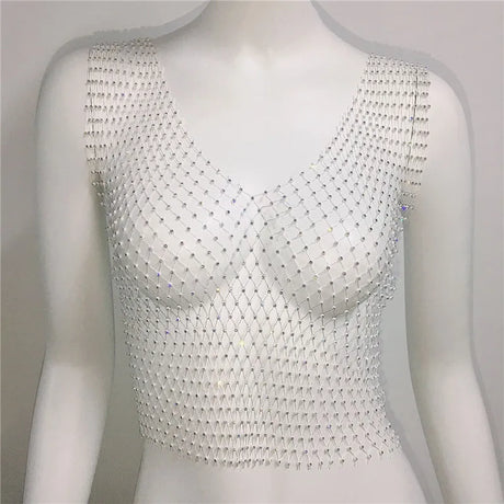 New Sexy Mesh Crop Tops for Women Summer Rhinestones Fashion Party Club See Through Fishnet Tank Hollow Out Backless Top