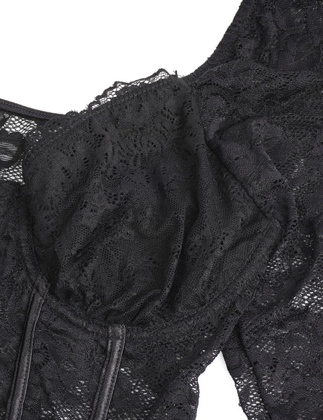 Women Sexy Lace Long Sleeve Bodysuit Underwire Square V Neck Open Crotch Clubwear Top Plus Size Snap Closure Teddy Lingerie