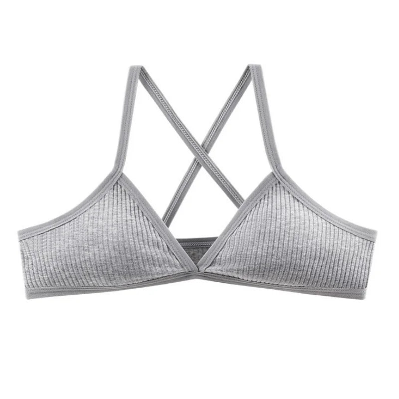 2Pcs/Set Ribbed Cross Back Triangle Bralette Set Women Spaghetti Strap Breathable Daily Bra Wireless Casual Daily Lingerie S-L