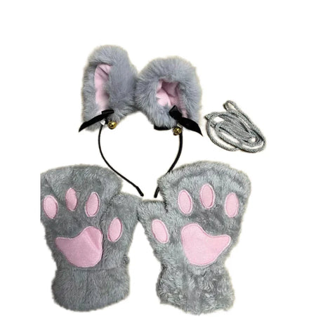 5Pcs Sets Cat Paw Gloves Winter Cute Cartoon Girl Open Finger Gloves Bell Headband Fox Cat Ear Headwear