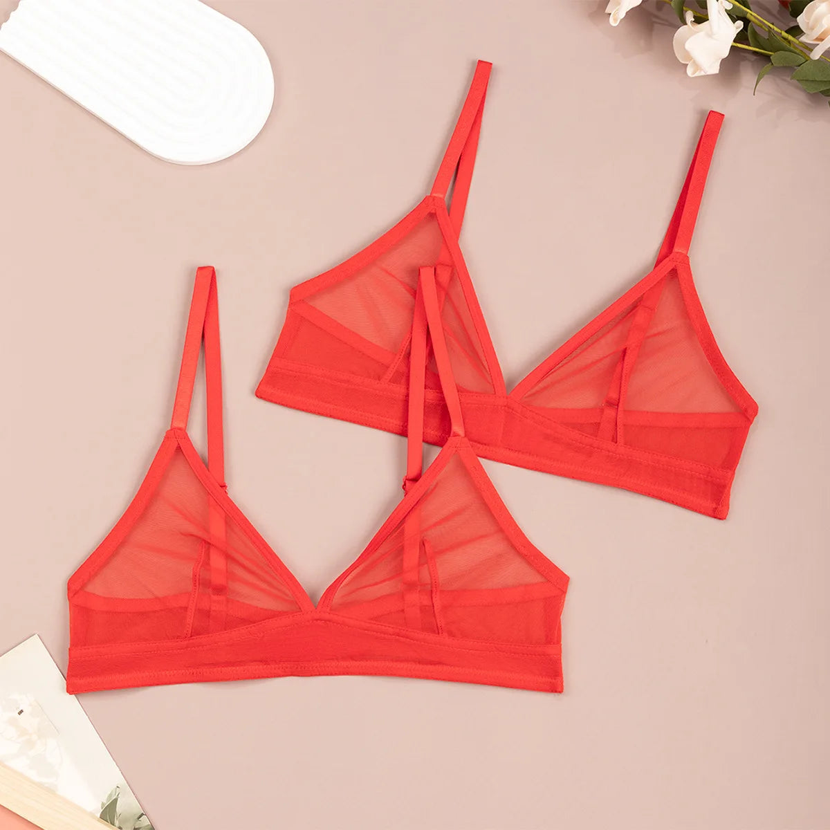 Sexy Transparent Ladies' Brassiere Three-piece Women's Bra Small Bust Mesh Lingerie Ultra-thin Triangle Double Shoulder Straps