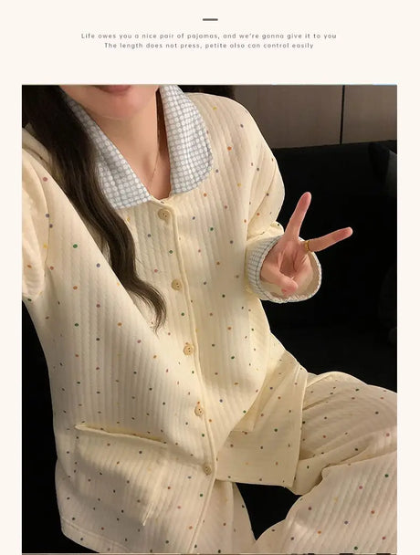 Thickened Air Cotton Sleepwear Set for Women Autumn Winter Polka Dot Home Clothes Korean Style Cute Girl Long Sleeve V-Neck