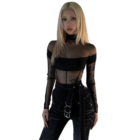 Sexy See Through Bodysuit Women Dark Gothic Streetwear Emo Alternative Grunge Y2k Long Sleeve O-neck High Waist Jumpsuit