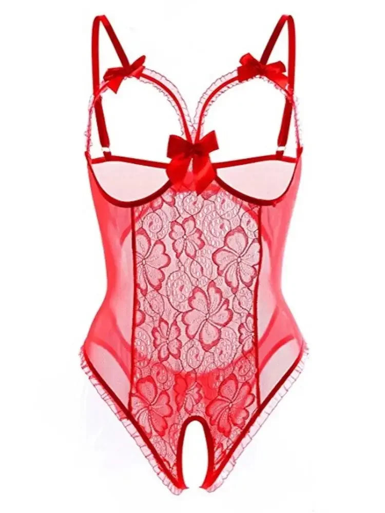 Women's Sexy Patchwork Lace Crotchless Bodysuit Deep V Neck Exotic Stripper Nighty Erotic Teddy Lingerie Underwear