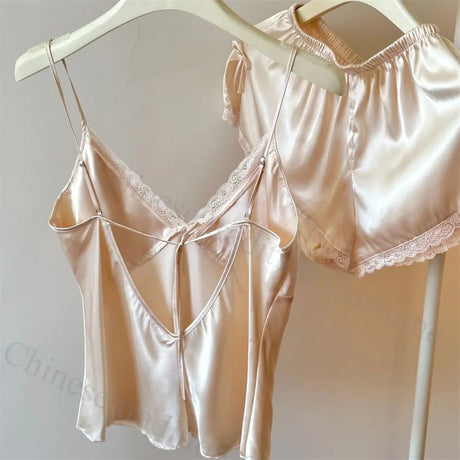 2025 Summer New Cami Top&shorts Sexy Lace Trim Pajamas Nightwear Lady's Lingerie Attractive Pijamas Backless Home Clothes