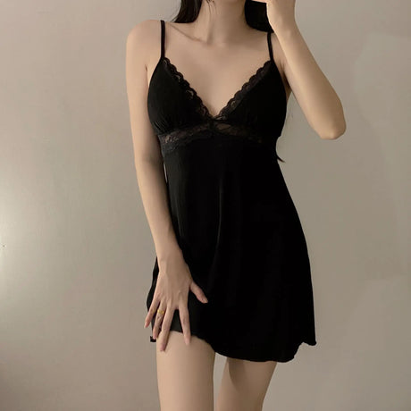 Womens Ribbed Knit Cami Dress Lace Trim V Neck Spaghetti Strap Mini Slip Nightgown Loungewear Casual Y2K Summer Sleep Dress Soft