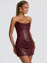 Chaxiaoa PU Leather Off-shoulder Strapless Sexy Mini Dress Women Gown Elegant Backless Sleeveless Ruched Club Party Dresses