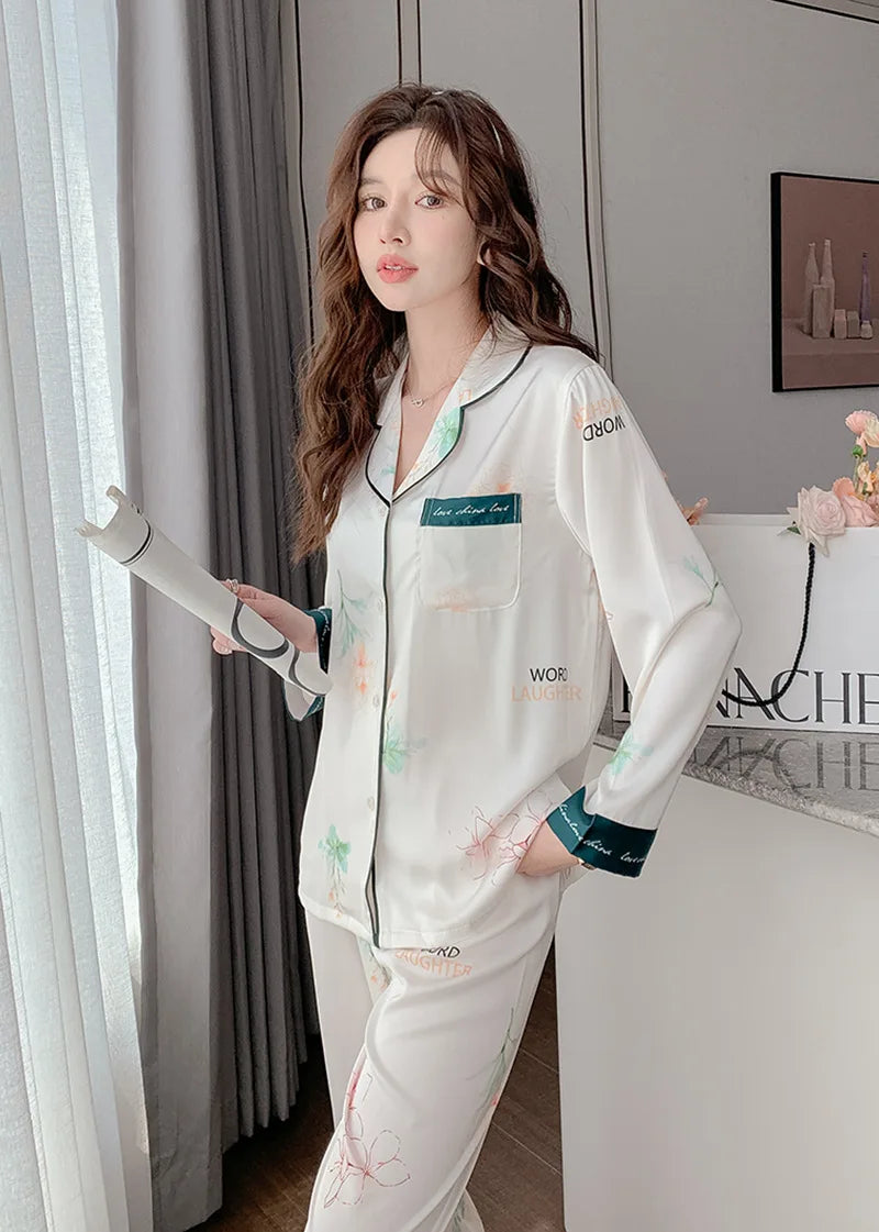Satin Silk Pajamas for Women's Set pyjamas Button Pigiama Donna pjs Winter Mujer Pijama Sleepwear Nightwear woman 2 piece set