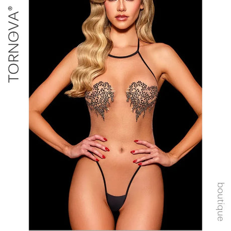 Tornova Erotic Bodysuit Lace Embroidery See-through Halter Neck Jumpsuit Sexy Hollow Body Shaping Women Delicate Underwear Set