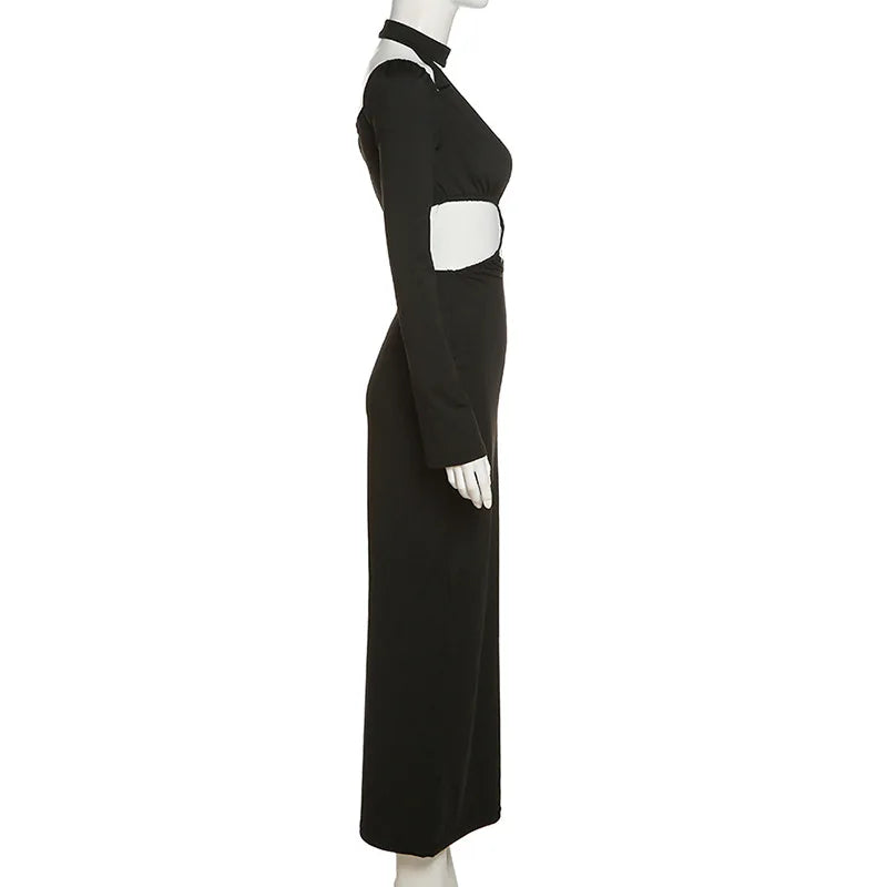 BoozRey Sexy Hipster Midi Dress Women Cleavage Hollow Backless Full Sleeve Solid Party Robe Female Slim High Street Attirewear