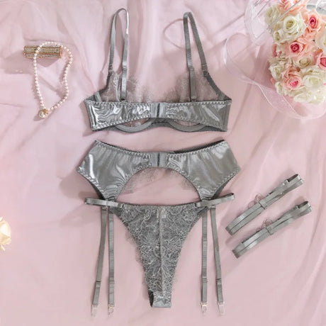 French Eyelash Lace Women's Lingerie Sets See Through Mesh Satin Splicing Matching Set Hot Bra and Panty Garter Sexy Underwear