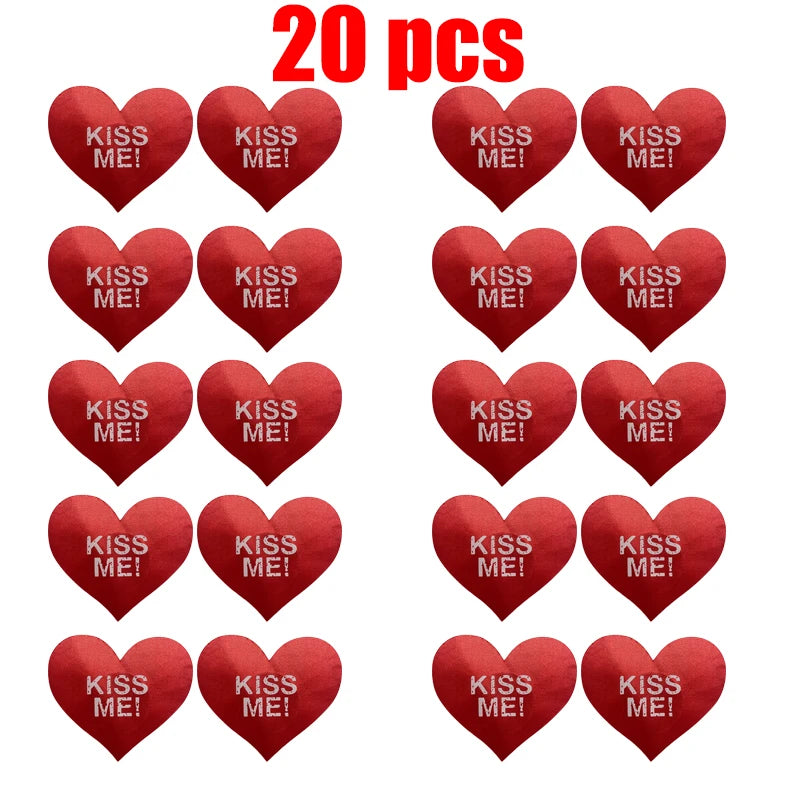 20pcs Red Heart Kiss Me Shape Self-Adhesive Disposable Satin Nipple Covers for Women Breast Pasties Stickers for Strapless Cloth