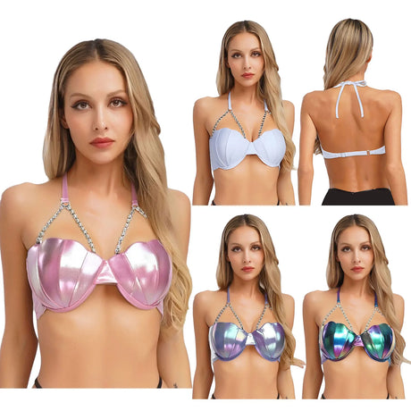 Women Shiny Bikini Bra Top Halter Neck Sheel Mermaid Swimwear Bead Chains Padded Bra Swim Tops Hawaii Beach Party Bathing Suit